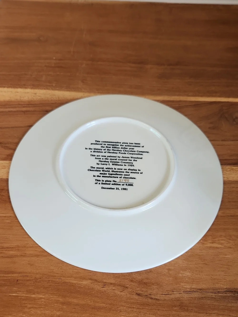Hershey Chocolate Company James Woodend Commemorative Plate 1981 #2195 Of 9000!